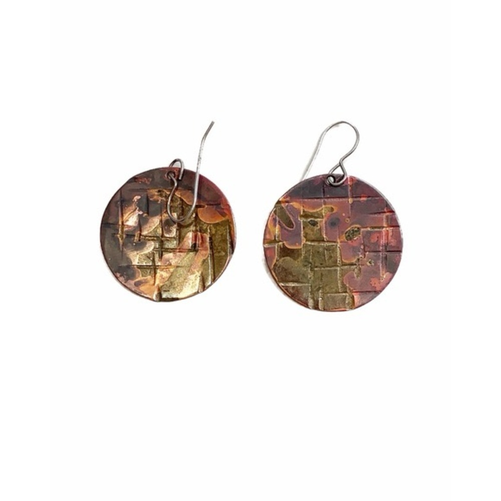 VINTAGE Artisanal Handcrafted Molten Copper Round Dangle Earrings
